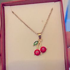 Rhinestone Cherry Necklace. Gold Chain. Comes In Cute Cherry Gift Box. Aura Necklace, Cherry Necklace, Girly Pop, M Necklace, White Beaded Necklaces, Key Pendant Necklace, Artisan Necklace, Silver Necklace Statement, 50 Style