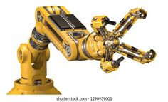 a yellow robotic arm holding a black box on it's back, in front of a gray background