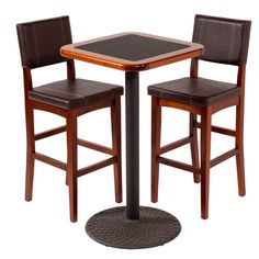 a table with two chairs and a small square wooden table on the bottom, in front of a white background