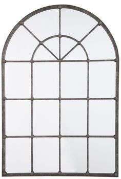 an arched window with white glass and metal bars on the bottom, in front of a white background