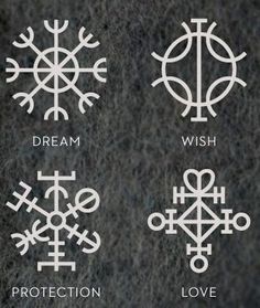 four symbols with the words dream, wish, protection and love written in white on a black background