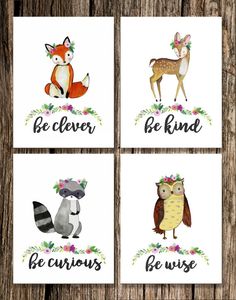 four cards with animals and words on them