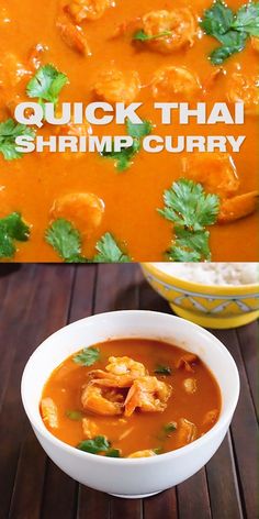 shrimp curry in a white bowl with cilantro garnish on the side