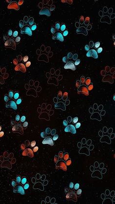 an image of many dog paw prints on the dark background with blue, red and orange colors