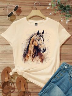 Albaricoque Casual Collar manga corta Tela tejida Animal,Plantas  Embellished Elástico Ligero Bff Shirts, Summer Pullover, Horse Pattern, Shorts Casual, Sleeves (women), Kids Beachwear, Summer Tshirts, Women Clothing, Women Clothes Sale