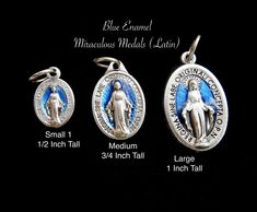 LATIN Blue Enamel Miraculous Medals (CHOOSE YOUR SIZE) Beautiful detail! Miraculous Medal Made in Italy. Metal Alloy, High-quality medals. Choose from drop down (1 Medal) Sizes: SMALL- 1/2 Inch MEDIUM - 3/4 Inch LARGE- 1 Inch Need a Chain: Add this listing to your cart. https://www.etsy.com/listing/866694780/sterling-silver-box-chain-925-solid?ref=shop_home_active_1 Saint Medals, Saint Necklace, Catholic Necklace, Catholic Medals, Saints Medals, Miraculous Medal, Swansea, Catholic Gifts, Silver Box