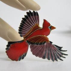 Sterling Cardinal Brooch, Red Bird Pin, Cloisonne Enamel Pin, Christmas Bird, Holiday Jewelry Red Enamel Brooch Gift, Red Enamel Brooch For Gift, Red Enamel Brooches As Gift, Red Enamel Brooches For Gift, Red Enamel Pin As Gift, Red Enamel Pin Gift, Red Enamel Pin For Gift, Red Enamel Brooch Pin, Red Enamel Brooch