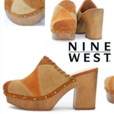 These Beige, Brown, And Orange Color Block Leather Mules Have A 4" Heel, A 1 1/2" Platform, Stud Accents, And A Block Heel For Easy Walking. Actual Shoes Are The Same As Model Pictures. No Box Included. 202/27/23bewi Orange Color Block, Clogs And Mules, Quick Workout Routine, Brown And Orange, Leather Mules, Quick Workout, Nine West Shoes, Model Pictures, Beige Brown