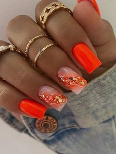 Multicolor  Collar    Uñas Lisas Embellished Short Fake Nails, Her Nails, Orange Nails, Nail Art Hacks, Nail Polishes, Artificial Nails, False Nails, French Nails, Glue On Nails