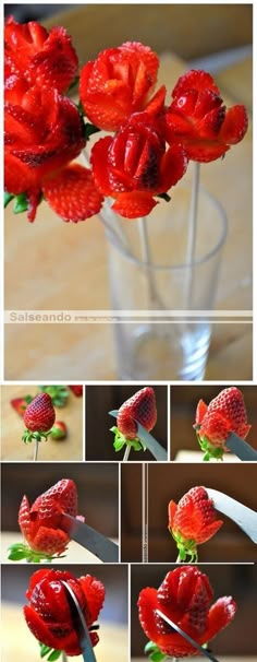 How to Make Strawberry Roses Rose Strawberry Bouquet, Valentines Strawberry, Strawberry Bouquet, Valentine Food, Rose Strawberry, Valentine Strawberries, Strawberry Flowers, Strawberry Rose, Edible Roses