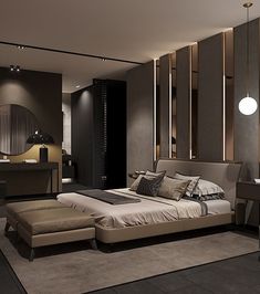 a bedroom with a large bed and mirrored walls