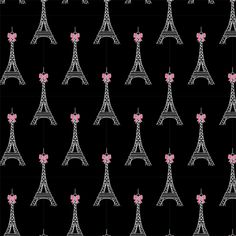 the eiffel tower in pink and white on black with hearts hanging from it