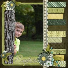 a young boy standing next to a tree in front of a green and yellow background