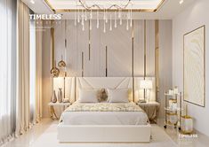 a white bed sitting under a chandelier in a bedroom