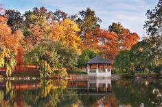 a gazebo sitting in the middle of a lake surrounded by trees with fall colors