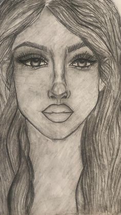 a pencil drawing of a woman's face with long hair and blue eyes,