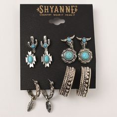 Shyanne 6 Pair Earring Set Silver Tone W/ Turquoise Accents Cactus, Longhorns, Southwest Cross, Blossoms, Hoops W/ Feather Charms & Dotted Hoops New, Never Worn Turquoise Western Style Summer Jewelry, Turquoise Southwestern Hoop Earrings, Country Earrings, Western Necklace, Western Stuff, Turquoise Earring, Horseshoe Earrings, Silver Turquoise Earrings