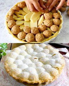 two pictures one is pie and the other has apples in it with walnuts on top