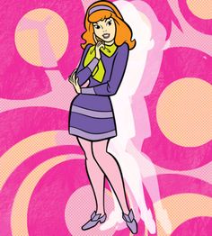 an image of a woman with red hair and blue dress standing in front of a pink background