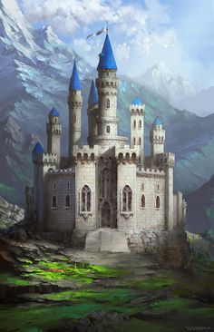 an artistic painting of a castle in the mountains