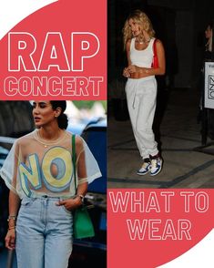 a collage of photos with the words rap concert and what to wear on them