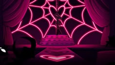 a dark room with pink lights and a large spider web on the curtained wall