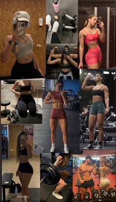 a collage of photos showing different women in the gym