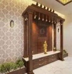 an ornate entryway with decorative wallpaper and planters