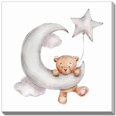 a watercolor painting of a teddy bear sitting on the moon with a star hanging from it's side