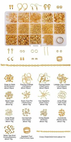 the instructions for making gold jewelry with beads, chains, and rings on it's side