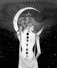 a drawing of a woman with her back to the camera and moon in the sky