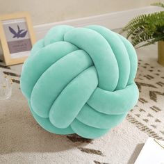 a large blue ball sitting on top of a rug next to a potted plant