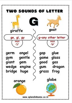 two sounds of letter g worksheet with oranges and giraffes