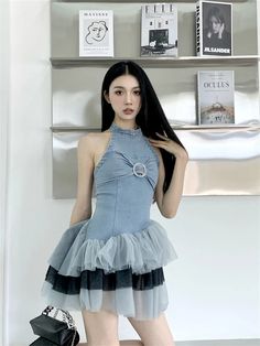 Denim Halter Dress with Flowy Tulle Skirt Mini Denim Dress For Party, Denim Mini Dress For Party, Party Mini Denim Dress, Stretch Denim Blue Dress For Party, Trendy Party Denim Dress, Spring Denim Party Dress, Spring Party Denim Dress, Stretch Denim Party Dress, Chic Denim Dress For Party