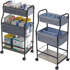 two storage carts with baskets on wheels and one cart filled with toiletries in it