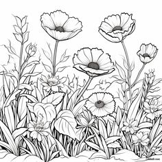 an image of flowers in the grass coloring page