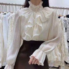 Charmaine Light/Dark Academia Ruffle Shirt - Deer Doll Shirt Blouses Women's, Straight Clothes, Cooler Look, Ruffle Long Sleeve, Elegant Blouses, Ruffle Shirt, Chic Top, Chiffon Long Sleeve, Basic Shirts