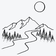 a black and white drawing of a path leading to the mountains with trees on each side