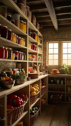 a kitchen filled with lots of different types of food on shelves next to a window