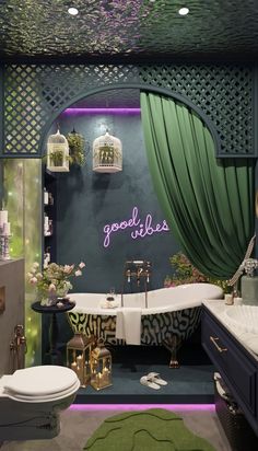 a bathroom with green curtains and purple lights on the ceiling, along with a claw foot tub