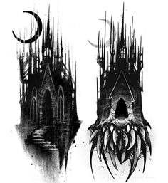 two black and white drawings of gothic architecture with the moon in the sky above them