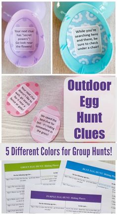 an egg hunt game with five different colors for group hunts and instructions to follow them