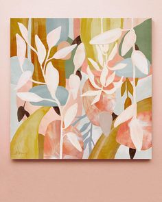 an abstract painting with pink flowers and green leaves