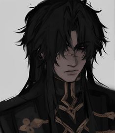 an anime character with long black hair and red eyes, wearing a costume that has chains around his neck