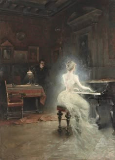 a painting of a woman sitting at a piano in front of a man standing behind her