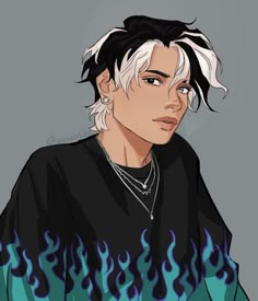 an anime character with white hair and blue flames on his chest, wearing a black shirt