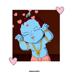 an image of a cartoon character with hearts on his head and hands in the air