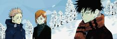 three anime characters standing in front of snow covered trees and evergreens, one with orange hair