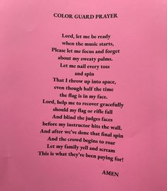 a poem written in black ink on pink paper with the words color guard prayer printed across it