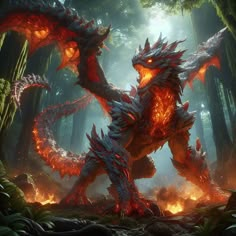 a dragon in the middle of a forest with flames coming out of its back legs